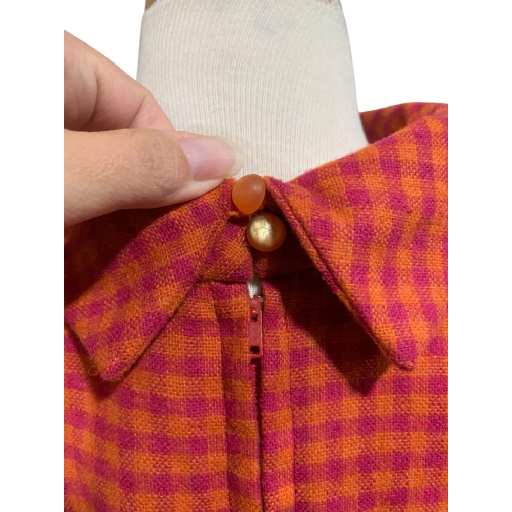 Vntg 60’s Women's homemade Long Sleeve wool Dress pink & Orange Gingham Volup - Picture 7 of 10
